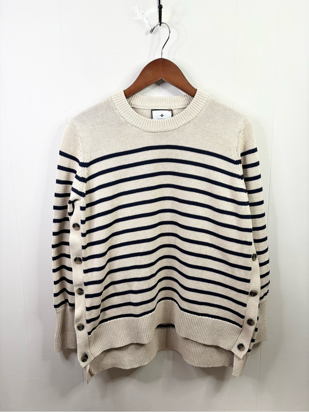 Tuckernuck Melange Bar Harbor Striped Sweater Size SM tan navy crewneck cotton - Picture 2 of 5